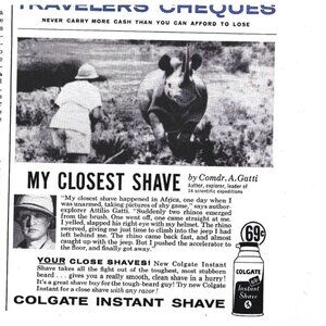 Vintage 1958 Print Ad Colgate Instant Shave Explorer Comander Gatti Rhinoceros